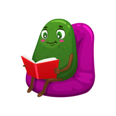 Cartoon Mexican avocado character reading a book. Tropical fruit isolated vector funny personage or mascot. Education concept with funny avocado character reading novel book in bean chair