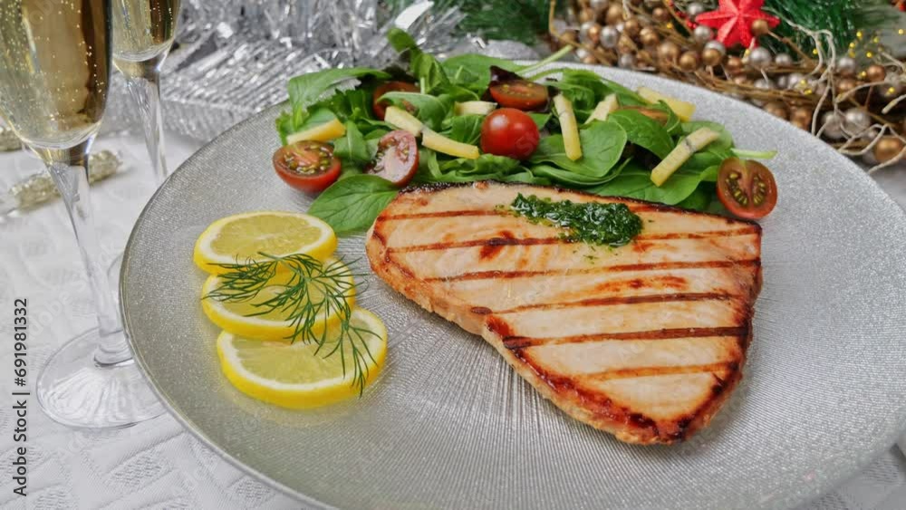 Poster grilled swordfish steak with fresh salad, tomatoes and cheese on a plate rotating. christmas new yea