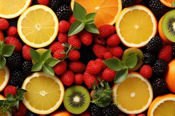  a pile of fruit with oranges, raspberries, kiwis, strawberries and lemons.