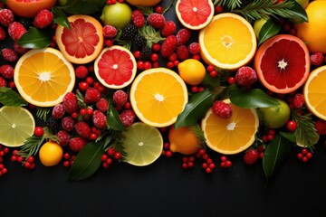  a table topped with lots of different types of fruit next to a pile of oranges and raspberries.