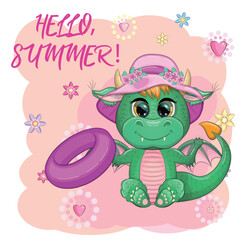 Cute cartoon green baby dragon in a summer hat, swim ring. Symbol of 2024 according to the Chinese calendar.