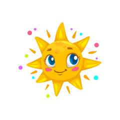 Cartoon summer sun character, sunny emoji face or sunshine smile emoticon vector icon. Happy cute kawaii sun shining smiling with rainbow rays, baby kids comic summer sun emoji character