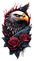 Obraz premium Beautiful colorful eagle and rose tattoo on isolated background.