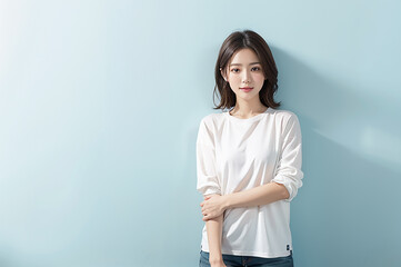 Tシャツを着た笑顔の日本人女性　青背景｜Generative AI