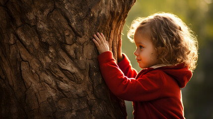 Tree Hugging - Love Nature - Child Hug The Trunk With Red Heart Shape. Generative AI.