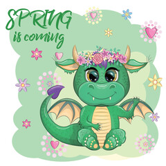 Cute cartoon green baby dragon with horns and wings. Symbol of 2024 according to the Chinese calendar. Funny mythical monster reptile.