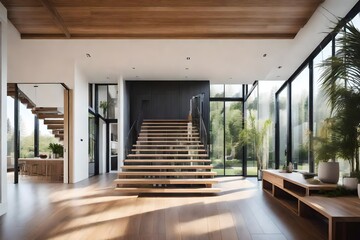 exterior hall of a modern house with views of staircase, kitchen and hall.