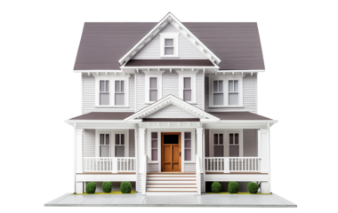 Model of two-story house in classic style, white, gray roof, isolated on white transparent background, png. exterior of home