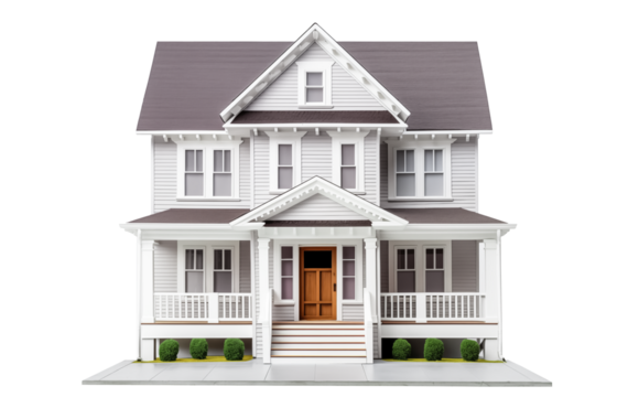 Model of two-story house in classic style, white, gray roof, isolated on white transparent background, png. exterior of home