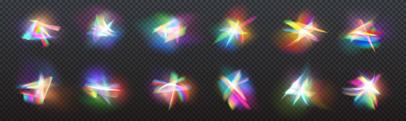 Glow flare of diamond crystals with rainbow light effect, gems or lens prism, vector overlay on transparent background. Magic glare shine or glow flare of jewelry gemstone with rainbow crystal sparkle - obrazy, fototapety, plakaty