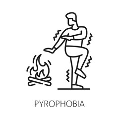 Human pyrophobia phobia icon, mental health. Fear of fire, mental disorder, people psychology problem linear vector sign. Fear problem thin line symbol or pictogram with man scared of bonfire flame