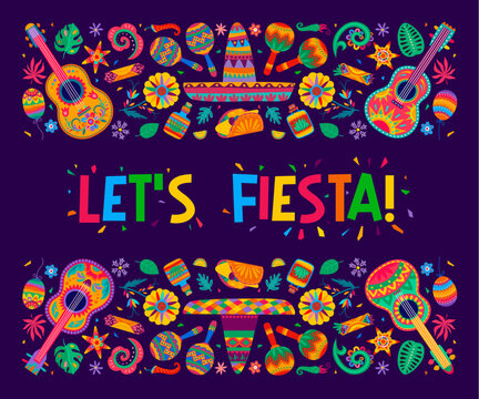 Mexican fiesta party banner with sombrero, maracas and guitars, vector tropical flowers ornament. Mexican holiday party poster with colorful pattern of Mexican burrito, tequila or pinata and flowers