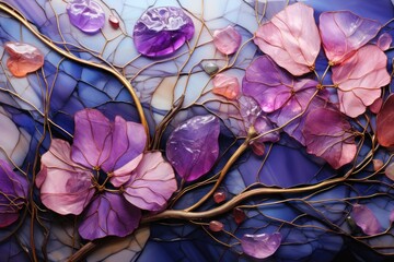  a painting of purple and pink flowers on a blue and purple background with a gold tree branch with purple and pink flowers on it.