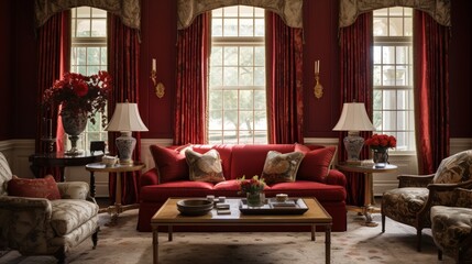 Fototapeta na wymiar A traditional living room with classic furniture, rich colors, and elegant drapes
