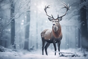  a deer standing in the middle of a forest with snow on it's ground and trees in the background.