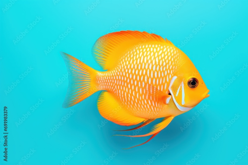 Wall mural  a yellow fish on a blue background with a monogrammed letter on the side of it's head.