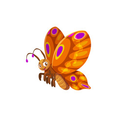 Cartoon butterfly character, isolated vector cheerful, fluttering garden or wild insect personage with vibrant, multicolored wings and smile, spreading joy and positivity with its graceful dance