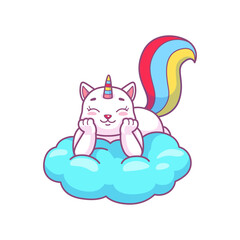 Cute kawaii caticorn dreaming on cloud, vector happy kitten with rainbow tail, cartoon cat unicorn meditating or sleeping in sky