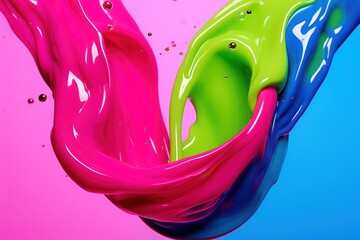  a pink, blue, and green liquid swirls into the shape of a heart on a pink and blue background.