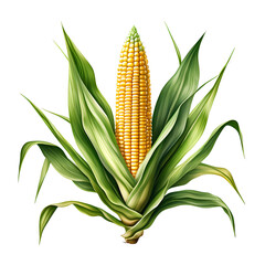 illustration of corn with leaves, genetive AI - obrazy, fototapety, plakaty