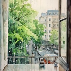 Open window view rain watercolor with a cool environment.Generative Ai
