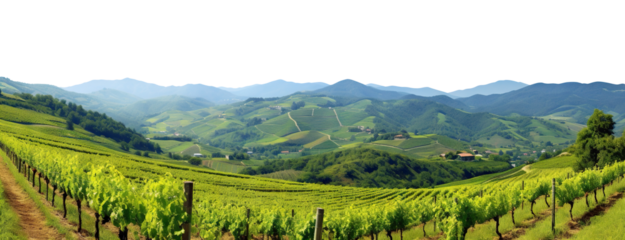 Vineyards among majestic green hills and mountains, panoramic view, cut out