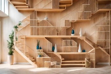 creative figurines on shelves in spacious light villa with wooden stairwa
