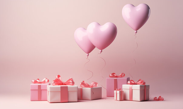 Gift boxes with pink heart balloons for st. Valentain's day