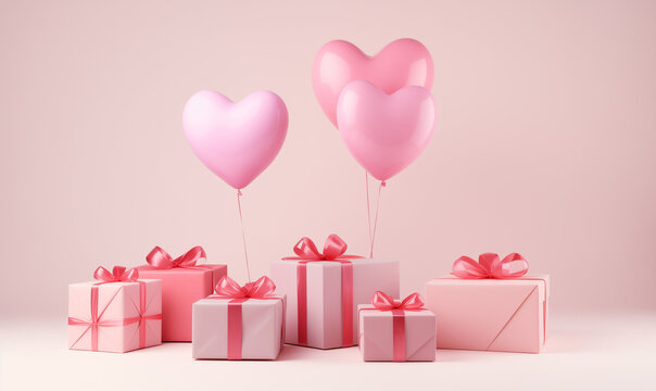 Gift boxes with pink heart balloons for st. Valentain's day