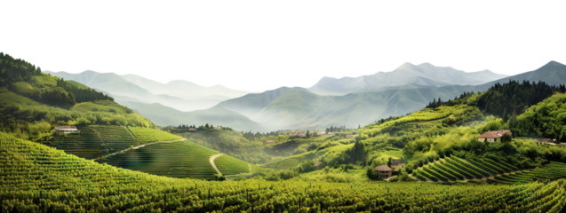 Vineyards among majestic green hills and mountains, panoramic view, cut out