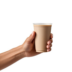 Obraz premium a hand holding a paper glass of coffee isolated on white background