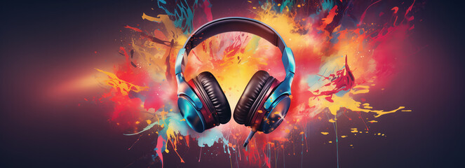 Black headphones on abstract colourful background. Musical concept