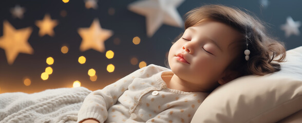 Cute little child sleeping in bed with shining stars on the background.