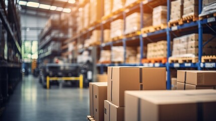 fulfillment center: warehouse with goods on shelves, cartons, pallets, and forklifts in motion - logistics and transportation concept - obrazy, fototapety, plakaty