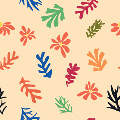 floral pattern, crooked leaves and red flowers