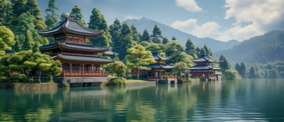 Naklejka premium Japanese Landscape Illustration with Shinto Shrine in a Misty Lake Wallpaper Cover Panorama Poster Banner Background Backdrop Digital Art Japan-Art