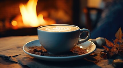 a cup of coffee by a fire