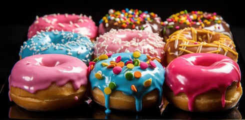 a group of colorful glazed doughnuts