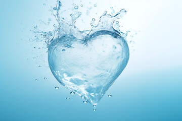 Heart made of water and water splashes on a light blue background