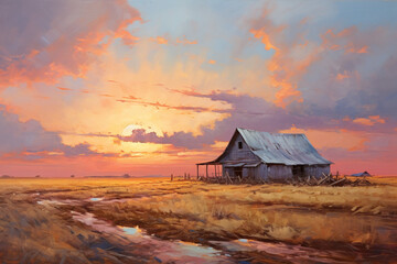 rural barn in sunset, oil painting