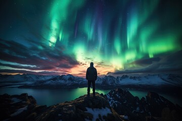  a man standing on top of a mountain under a sky filled with green and purple aurora bores in the background. - Powered by Adobe