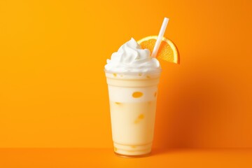  a close up of a drink with whipped cream and an orange slice on the top of the drink and a straw sticking out of the top of the drink. - obrazy, fototapety, plakaty