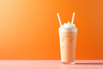  a glass of milkshake with two straws sticking out of it on a pink surface with an orange background. - obrazy, fototapety, plakaty