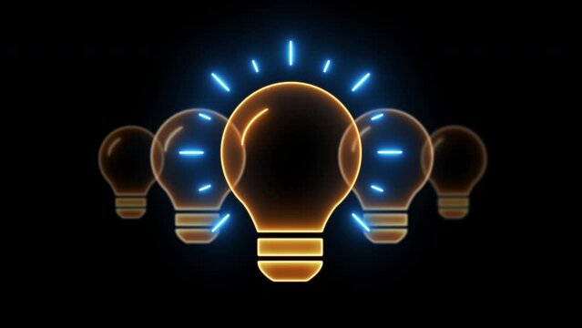 A glowing animation lightbulb run from back to front and shining on. Able use graphic isolated on transparent background.