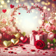 Valentine's Day background with festive decor elements and bokeh effect. Ideal for greeting cards, invitations, phone wallpapers, web sites and more. Created using generative ai tools