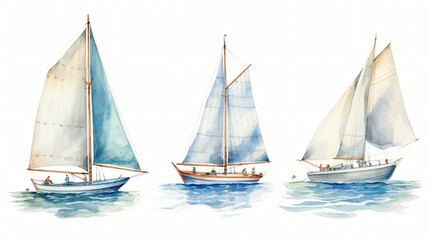 Collection sailboat watercolor drawing on a white background