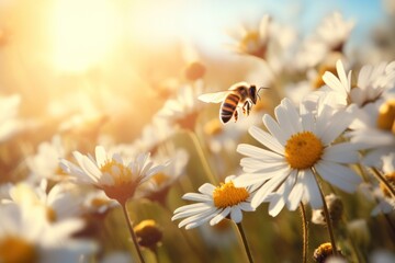  a bee flying over a field of daisies with the sun shining through the clouds in the backround. - obrazy, fototapety, plakaty
