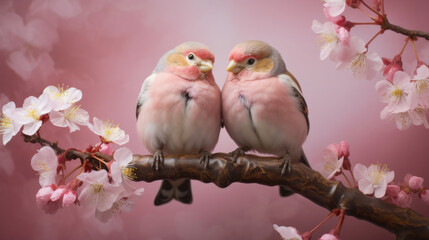 A pair of little birds in love sitting on the branch of a tree with pink flowers and pink background.  Close up. Love concept. 