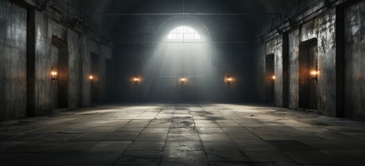 a prison cell with light shining through the windows