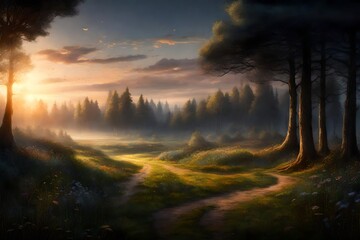 A serene countryside scene as day turns into night, with a tranquil meadow and a dense forest at twilight